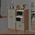 Modern Wooden Sideboard Cabinet With White Doors Gold Handles Microwave Oven And Flower Vase