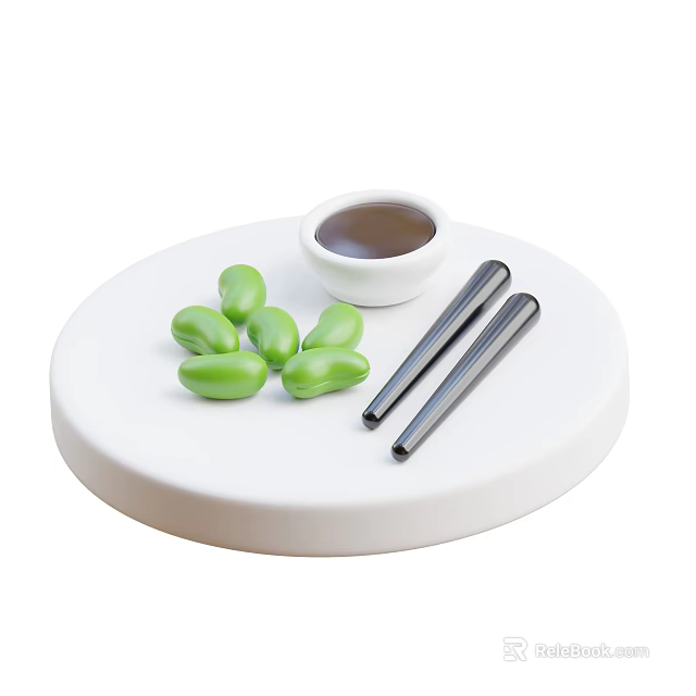 Green Beans Served on White Round Tray With Small Sauce Bowl And Metal Chopsticks 3d model 