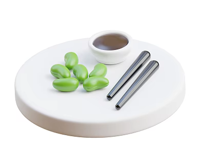 Green Beans Served on White Round Tray With Small Sauce Bowl And Metal Chopsticks 3d model