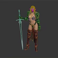 Female Elven Warrior In Ornate Armor Holding Longsword Standing Pose