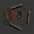 Practical Household Supplies With Red Barrels Grinding Wheels Traffic Cones And Wooden Planks