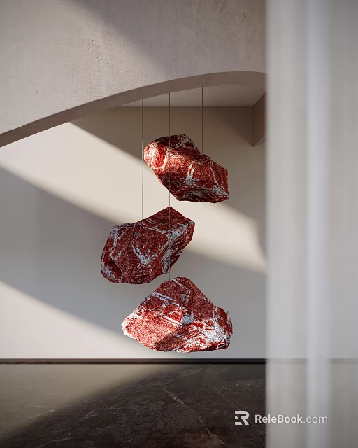 Hanging Red Stone Sculptures With Textured Surface In White Wall Light 3d model