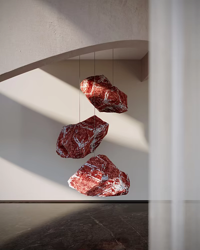 Hanging Red Stone Sculptures With Textured Surface In White Wall Light 3d model