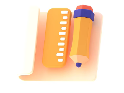 Yellow Pencil With Red Blue Top And Orange Ruler On White Paper 3d model
