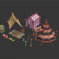 Medieval Style Colorful Striped Tents with Wooden Barrel Table Tools and Clay Pots