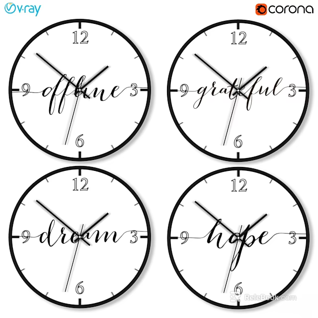 Set of Four Decorative Wall Clocks With Offline Grateful Dream Hope Words 3d model 