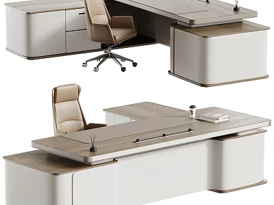 Modern Office Desk With Wooden Top White Cabinets Leather Chair And Functional Design 3d model