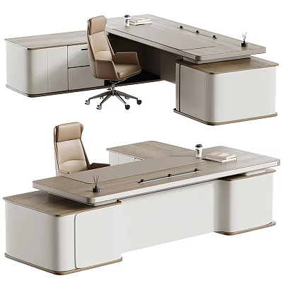 Modern Office Desk With Wooden Top White Cabinets Leather Chair And Functional Design 3d model