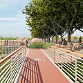 Scenic Boardwalk Path With Lush Trees Green Grass And People Walking Along Waterfront