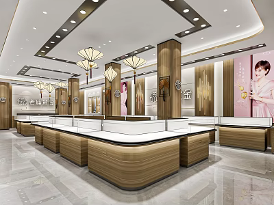 Jewelry Store Interior Design with Elegant Display Counters Ceiling Lights and Jewelry Displays 3d model