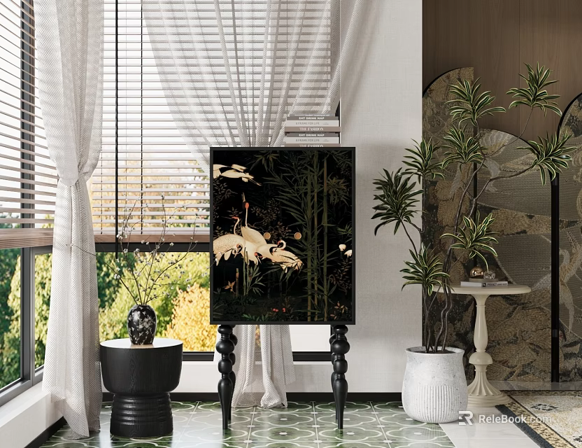 Black Chest of Drawers Featuring Crane Patterns With Window Blinds White Curtains And Green Plants 3d model 