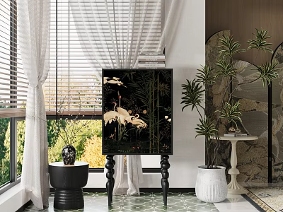 Black Chest of Drawers Featuring Crane Patterns With Window Blinds White Curtains And Green Plants 3d model