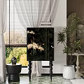 Black Chest of Drawers Featuring Crane Patterns With Window Blinds White Curtains And Green Plants