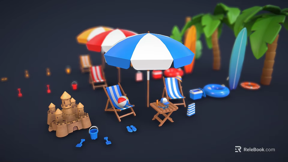 Beachwear And Accessories Featuring Flip Flops Umbrella And Beach Chairs 3d model 