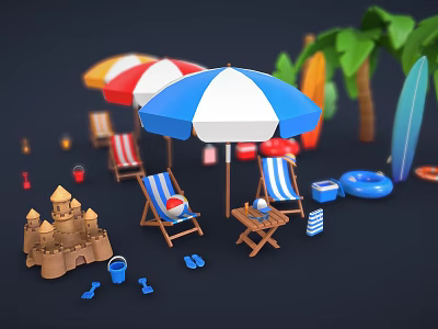 Beachwear And Accessories Featuring Flip Flops Umbrella And Beach Chairs 3d model