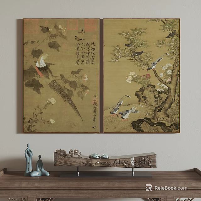 Traditional Chinese Plant Painting With Birds Flowers And Tree Branches 3d model 
