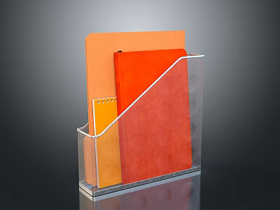 Modern Transparent Metal Mesh Bookcase With Clear Acrylic Base And Orange Red Folders 3d model