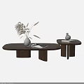Modern Walnut Oval Coffee Table with White Vase Magazines and Decorative Plant