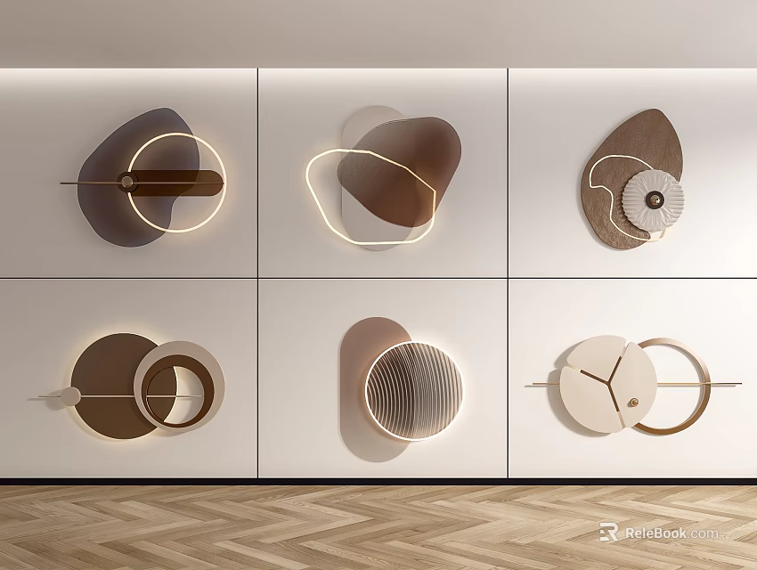 Modern Geometric Wall Decor With Circular Ring Shapes LED Light And Wooden Metal Accents 3d model 