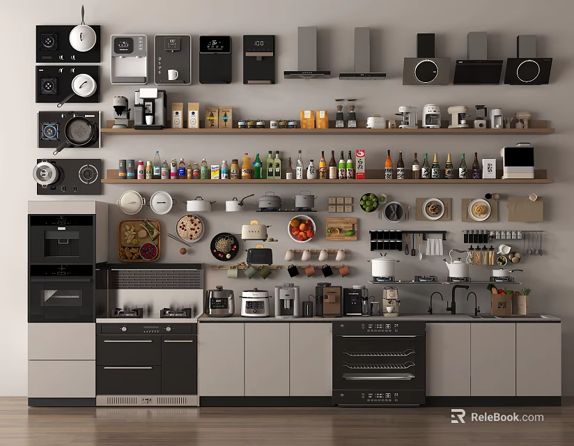 Modern Kitchen Interior With Various Appliances Shelves Bottles Utensils And Cabinets 3d model 