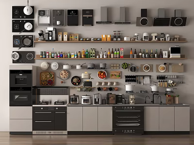 Modern Kitchen Interior With Various Appliances Shelves Bottles Utensils And Cabinets 3d model