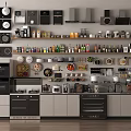 Modern Kitchen Interior With Various Appliances Shelves Bottles Utensils And Cabinets