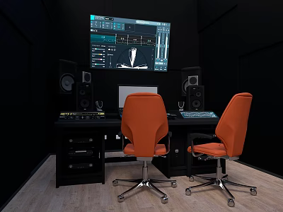 Orange Office Chairs With Black Desk Computer Monitor And Speakers In Workspace 3d model
