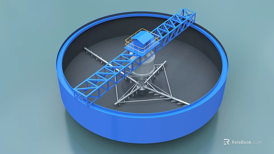 Circular Industrial Processing Equipment With Blue Structure And Metal Bridge Frame 3d model