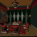 Traditional Chinese Dining Room Interior With Round Table Chairs Green Curtains And Decorative Wall Art