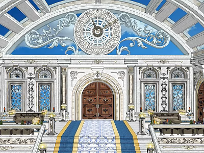 Sacred Religious Worship Sanctuary Interior With Arched Ceiling Ornate Carvings And Stained Glass Windows 3d model