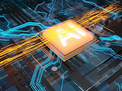 Advanced Computer Chip With AI Technology On Circuit Board And Digital Lines Design 3d model