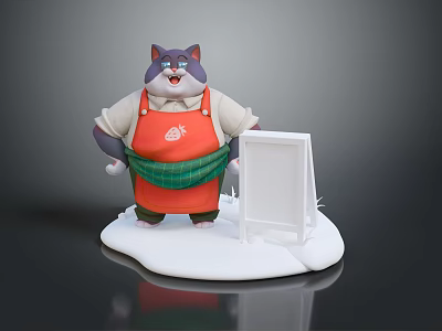 Gray 3D Cartoon Cat Wearing Red Green Apron Standing By Blank Whiteboard On Base 3d model