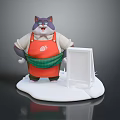 Gray 3D Cartoon Cat Wearing Red Green Apron Standing By Blank Whiteboard On Base
