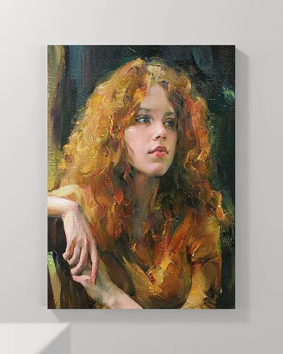 Oil Painting Portrait Of Red Haired Woman With Curly Hair Yellow Clothing And Dark Background 3d model