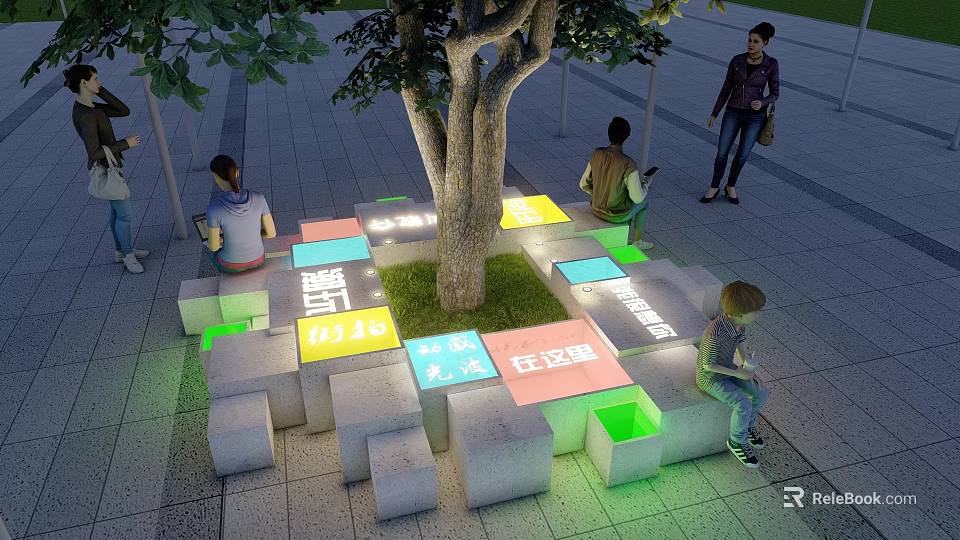 Tree Pit With Colorful Seating Blocks And Illuminated Design In Urban Square 3d model 