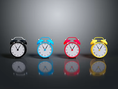 Row Of Colored Alarm Clocks With Bells White Dials On Gray Background With Reflections 3d model