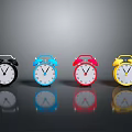 Row Of Colored Alarm Clocks With Bells White Dials On Gray Background With Reflections