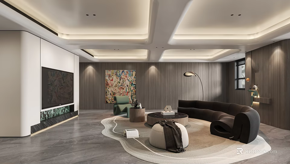 Modern Living Room Interior Design With Dark Sofa Round Rug Colorful Painting And Floor Lamp 3d model 