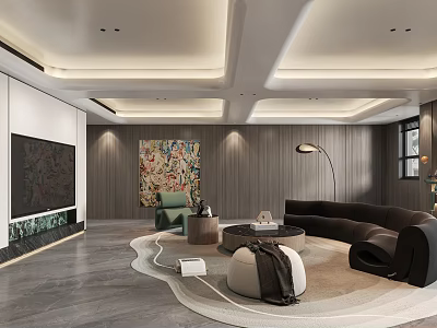 Modern Living Room Interior Design With Dark Sofa Round Rug Colorful Painting And Floor Lamp 3d model
