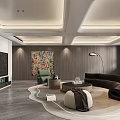 Modern Living Room Interior Design With Dark Sofa Round Rug Colorful Painting And Floor Lamp
