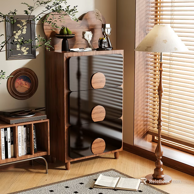 Wooden Storage Cabinet With Black Drawer Panels And Round Wooden Handles In Cozy Interior Space 3d model 