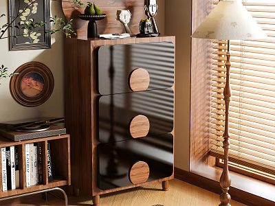Wooden Storage Cabinet With Black Drawer Panels And Round Wooden Handles In Cozy Interior Space 3d model