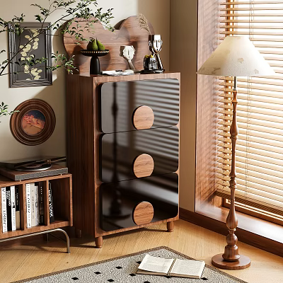 Wooden Storage Cabinet With Black Drawer Panels And Round Wooden Handles In Cozy Interior Space 3d model