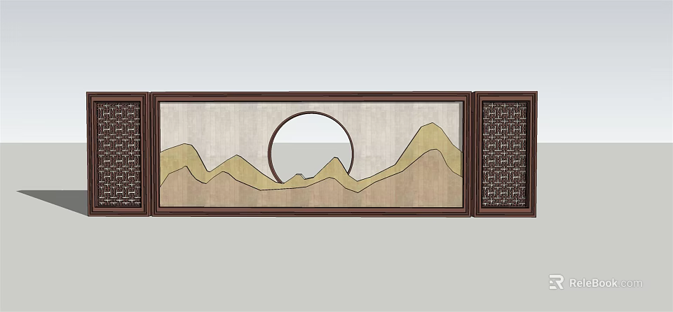 Chinese Style Feature Wall With Circular Mirror Mountain Pattern And Wooden Frame 3d model