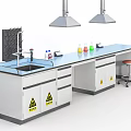 Laboratory Setup With Blue Countertop Fume Hoods Reagent Bottles Sink Faucet And Warning Signs