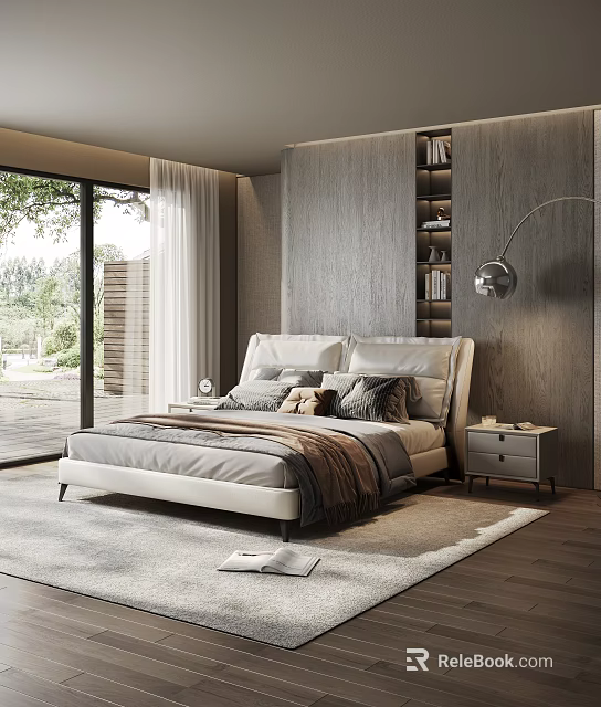 Modern Bedroom With Light Colored Double Bed Wooden Wall And Large Windows 3d model