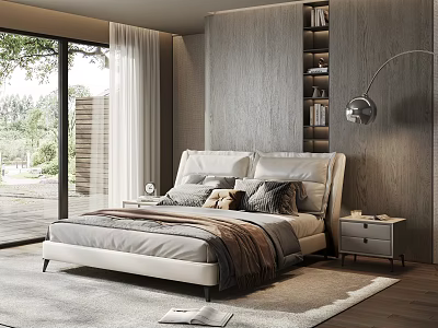 Modern Bedroom With Light Colored Double Bed Wooden Wall And Large Windows 3d model