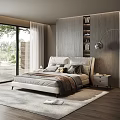 Modern Bedroom With Light Colored Double Bed Wooden Wall And Large Windows 3d model