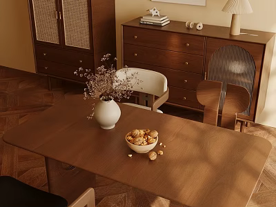 Warm Modern Dining Room Interior With Wooden Table Chairs White Vase Cabinet And Herringbone Floor 3d model