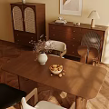 Warm Modern Dining Room Interior With Wooden Table Chairs White Vase Cabinet And Herringbone Floor